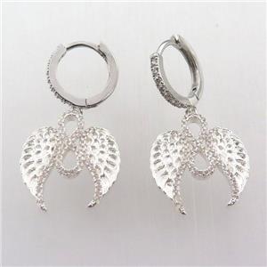 copper hoop earring pave zircon with angelwing, platinum plated, approx 18mm, 14mm dia [FN11983]