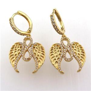 copper hoop earring pave zircon with angelwing, gold plated, approx 18mm, 14mm dia [FN11984]