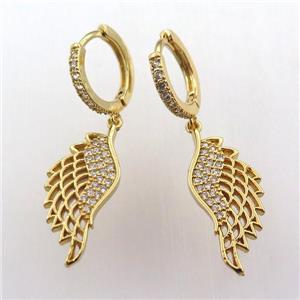 copper hoop earring pave zircon with angelwing, gold plated, approx 10-26mm, 14mm dia [FN11986]