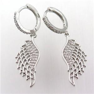 copper hoop earring pave zircon with angelwing, platinum plated, approx 10-26mm, 14mm dia [FN11987]