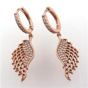 copper hoop earring pave zircon with angelwing, rose gold, approx 10-26mm, 14mm dia [FN11988]