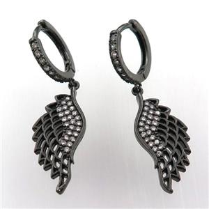copper hoop earring pave zircon with angelwing, black plated, approx 10-26mm, 14mm dia [FN11989]