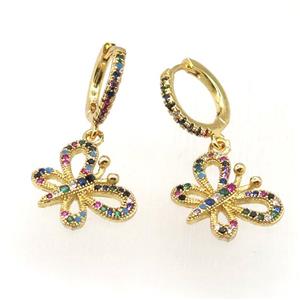 copper hoop earrings paved zircon with butterfly, gold plated, approx 13-18mm, 14mm dia [FN12002]