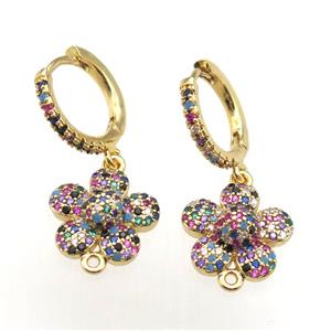 copper hoop earrings paved zircon with flower, gold plated, approx 13.5mm dia, 14mm dia [FN12003]