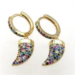 copper hoop earrings paved zircon with horn, gold plated, approx 8-14mm, 14mm dia [FN12004]