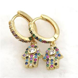 copper hoop earrings paved zircon with hamsahand, gold plated, approx 9-11mm, 14mm dia [FN12005]