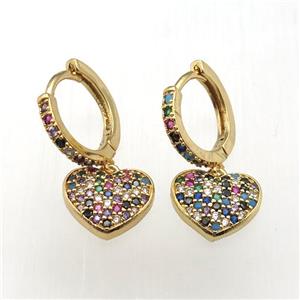 copper hoop earrings paved zircon with heart, gold plated, approx 12mm dia, 14mm dia [FN12006]