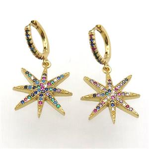 copper hoop huggie earrings paved zircon with northstar, gold plated, approx 20mm, 14mm dia [FN12008]