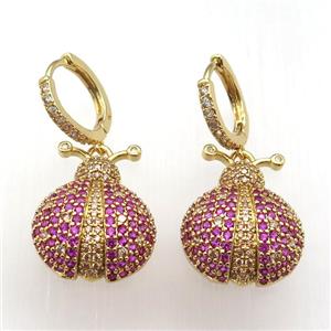 copper hoop earrings paved zircon with Ladybug , gold plated, approx 20-23mm, 14mm dia [FN12009]