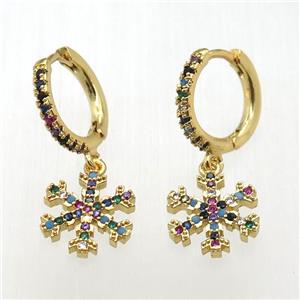 copper hoop earrings paved zircon with snowflake, gold plated, approx 12mm dia, 14mm dia [FN12010]