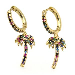 copper hoop earrings paved zircon with coconut-tree, gold plated, approx 9-19mm, 14mm dia [FN12012]