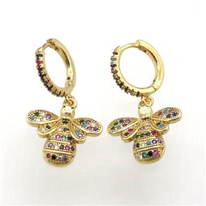 copper hoop earrings paved zircon with honeybee, gold plated, approx 17-17mm, 14mm dia [FN12013]