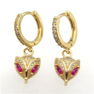 copper hoop earrings paved zircon with foxhead, gold plated, approx 10-11mm, 14mm dia [FN12014]