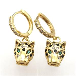 copper hoop earrings paved zircon with leopardhead, gold plated, approx 10-12mm, 14mm dia [FN12015]