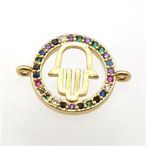 copper circle hamsahand connector pave zircon, gold plated, approx 13.5mm dia [FN12035]