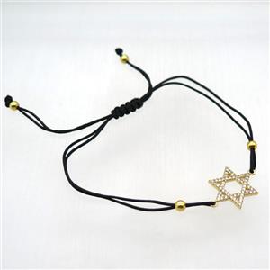resizable nylon wire bracelet with Davidstar pave zircon, gold plated, approx 18mm, 24cm length [FN12049]