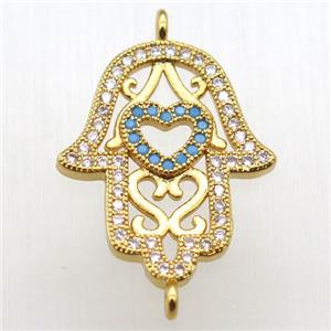 copper hamsahand connector pave zircon, gold plated, approx 18-21mm [FN12055]