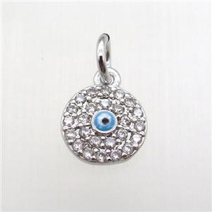 copper circle pendant paved zircon, eye, platinum plated, approx 8mm dia [FN12066]
