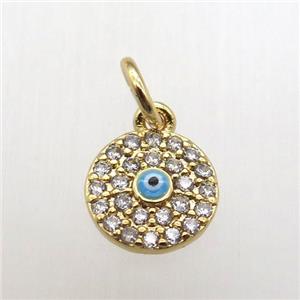 copper circle pendant paved zircon, eye, gold plated, approx 8mm dia [FN12067]