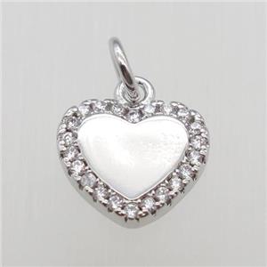 copper heart pendant paved zircon, platinum plated, approx 10mm [FN12076]