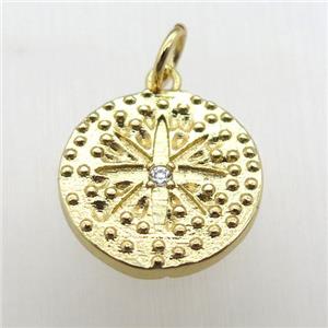 copper circle pendant paved zircon, gold plated, approx 15mm dia [FN12105]