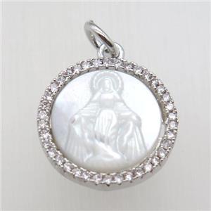 copper circle pendant paved zircon, shell Jesus, platinum plated, approx 15mm dia [FN12110]