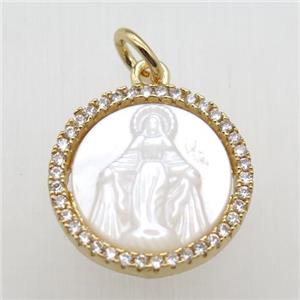 copper circle pendant paved zircon, shell Jesus, gold plated, approx 15mm dia [FN12111]