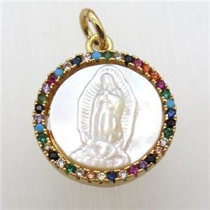 copper circle pendant paved zircon, shell Jesus, gold plated, approx 15mm dia [FN12114]