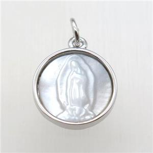 copper circle pendant with shell jesus, platinum plated, approx 13.5mm dia [FN12116]