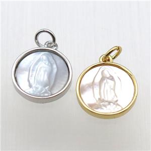 copper circle pendant with shell jesus, mixed color, approx 13.5mm dia [FN12118]