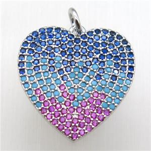 copper heart pendant paved zircon, platinum plated, approx 20mm dia [FN12129]