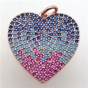 copper heart pendant paved zircon, rose gold, approx 20mm dia [FN12131]