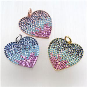 copper heart pendant paved zircon, mixed color, approx 20mm dia [FN12132]