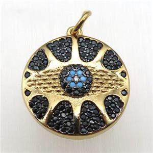 copper circle pendant paved zircon, eye, gold plated, approx 18mm dia [FN12149]