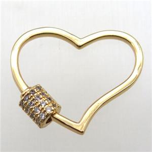 copper heart carabiner lock pendant paved zircon, gold plated, approx 20-25mm [FN12155]