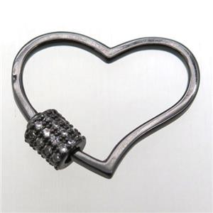 copper heart carabiner lock pendant paved zircon, black plated, approx 20-25mm [FN12156]