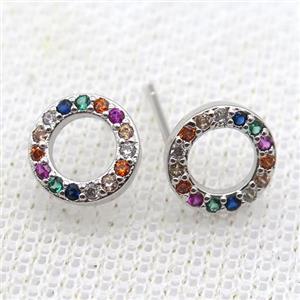 copper studs earring paved zircon, circle, platinum plated, approx 9mm dia [FN12175]