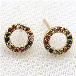 copper studs earring paved zircon, circle, gold plated, approx 9mm dia [FN12176]
