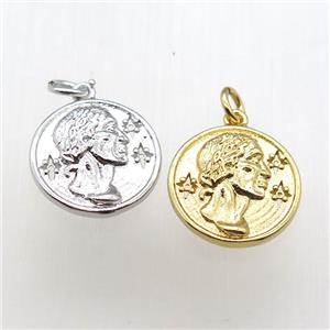 copper coin pendant, mixed color, approx 15mm dia [FN12179]