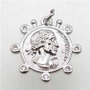 copper coin pendant pave zircon, platinum plated, approx 20mm dia [FN12186]