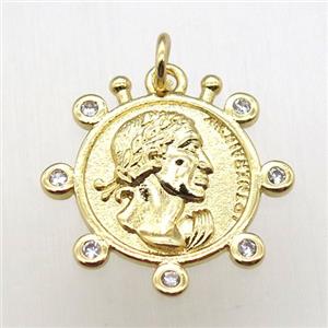 copper coin pendant pave zircon, gold plated, approx 20mm dia [FN12187]
