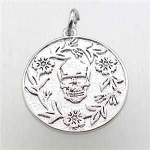 copper circle pendant, skull, platinum plated, approx 18mm dia [FN12192]
