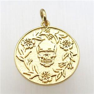 copper circle pendant, skull, gold plated, approx 18mm dia [FN12193]