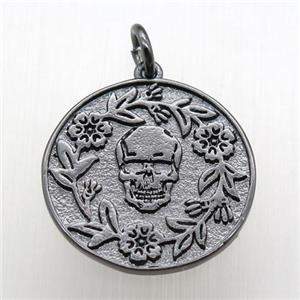 copper circle pendant, skull, black plated, approx 18mm dia [FN12194]