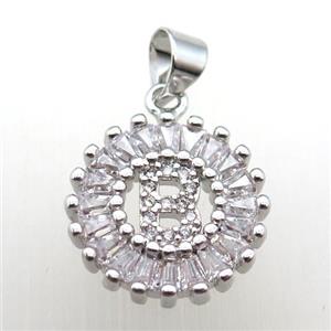 copper letter-B pendant paved zircon, platinum plated, approx 15mm dia [FN12235]