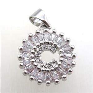 copper letter-C pendant paved zircon, platinum plated, approx 15mm dia [FN12236]