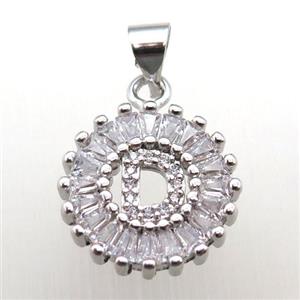 copper letter-D pendant paved zircon, platinum plated, approx 15mm dia [FN12237]
