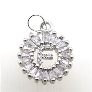 copper letter-F pendant paved zircon, platinum plated, approx 15mm dia [FN12238]