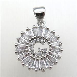 copper letter-G pendant paved zircon, platinum plated, approx 15mm dia [FN12239]
