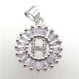 copper letter-H pendant paved zircon, platinum plated, approx 15mm dia [FN12240]